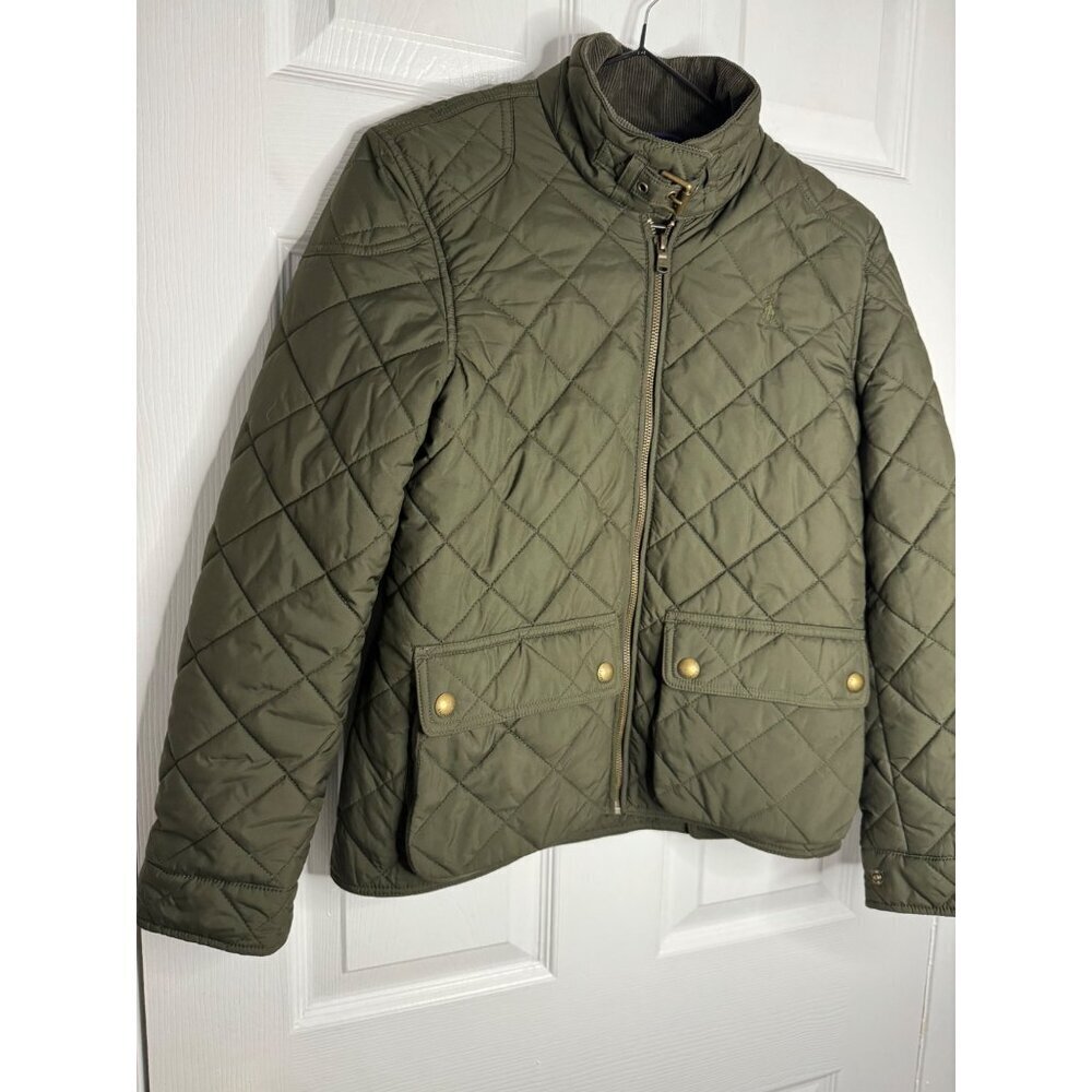 Polo Ralph Lauren Girls L Olive Green Quilted Jacket Gold Snap Buttons & Zipper - Picture 2 of 9